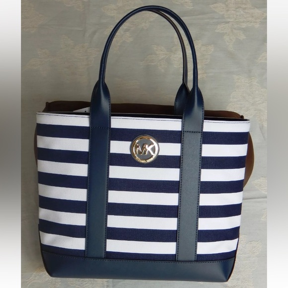 MICHAEL KORS NWT FULTON CANVAS STRIPED MED TOTE SHOULDER BAG NAVY AUTHENTIC - Picture 6 of 13